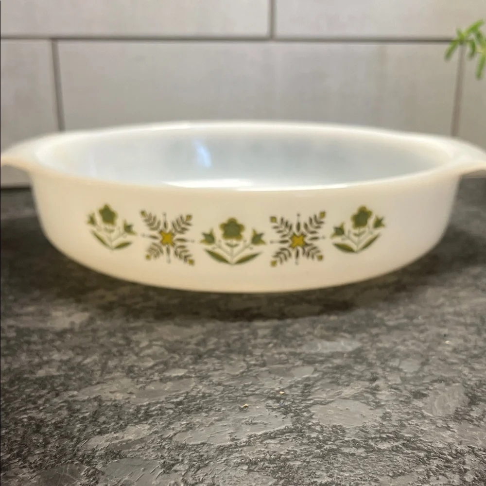 Vintage Meadow Green Fire King 9” Patterned White Baking Dish